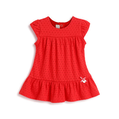 Girls Medium Red Schiffli Short Sleeve Dress